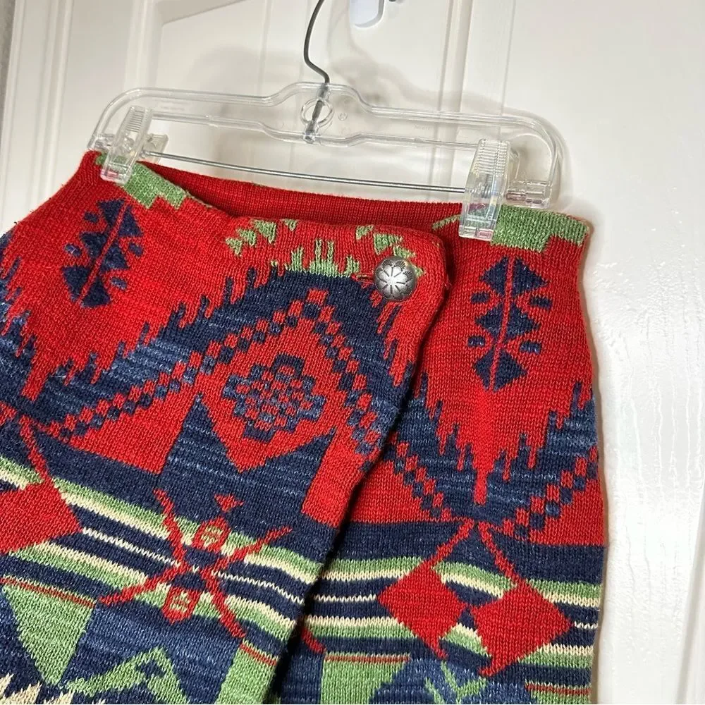 VTG Ralph Lauren Red Blue Green Aztec Knit Mini Wrap Skirt Youth Sz S/7 Western